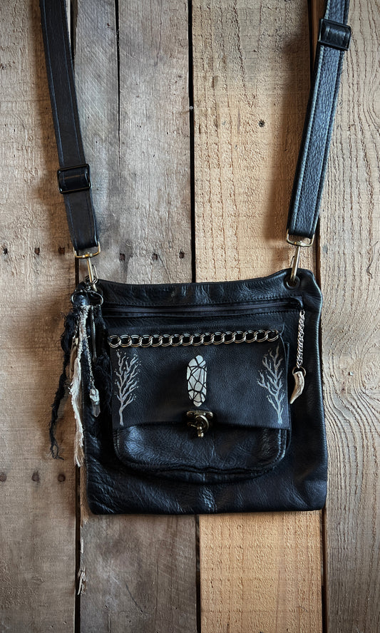 OOAK upcycled leather hand painted branch crossbody bag