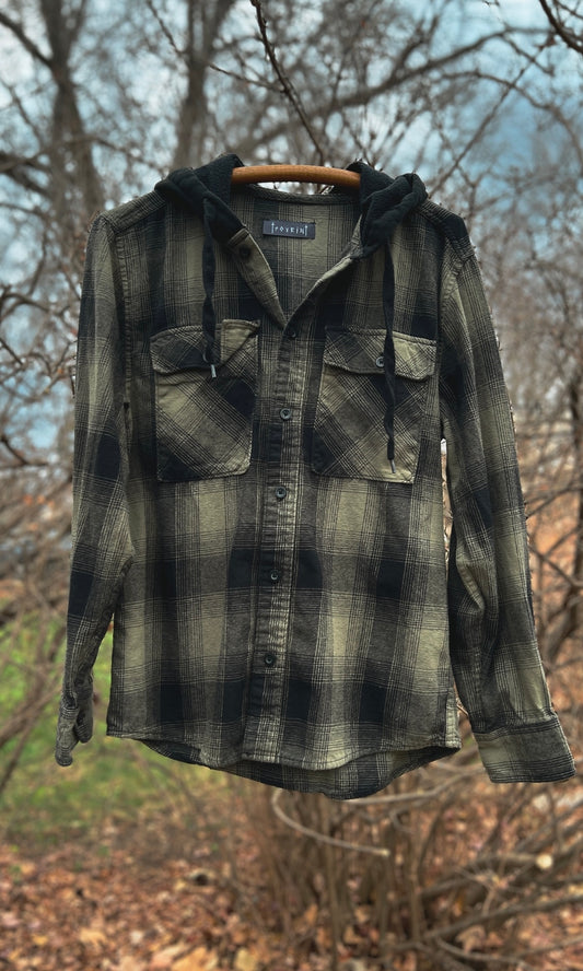 OOAK M OLIVE ELEMENTAL HOODED FLANNEL