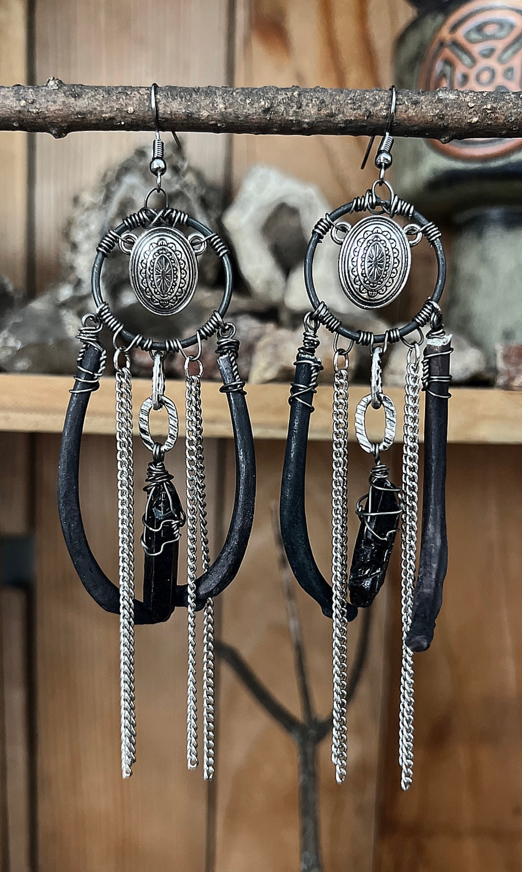 OOAK BLACK QUARTZ RIBCAGE CONCHO EAR HANGERS