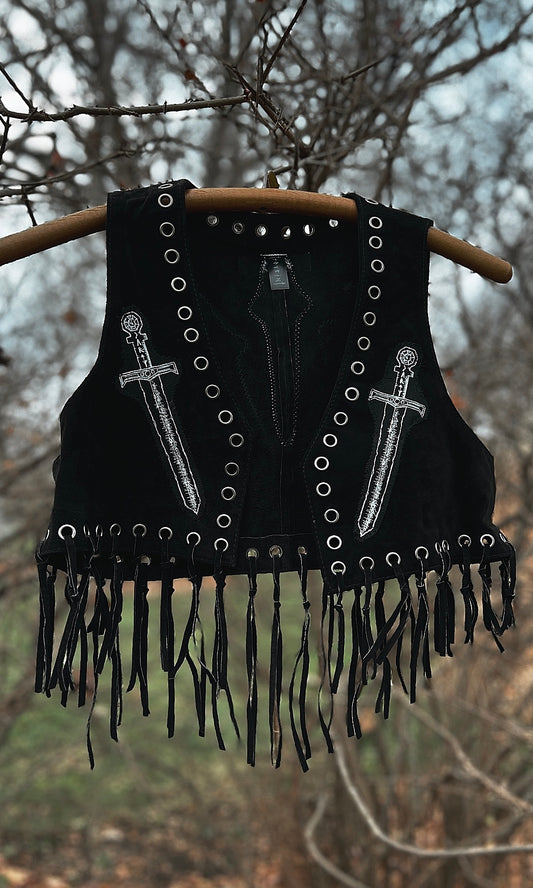 OOAK XS BLACK LEATHER FRINGE SWORD VEST