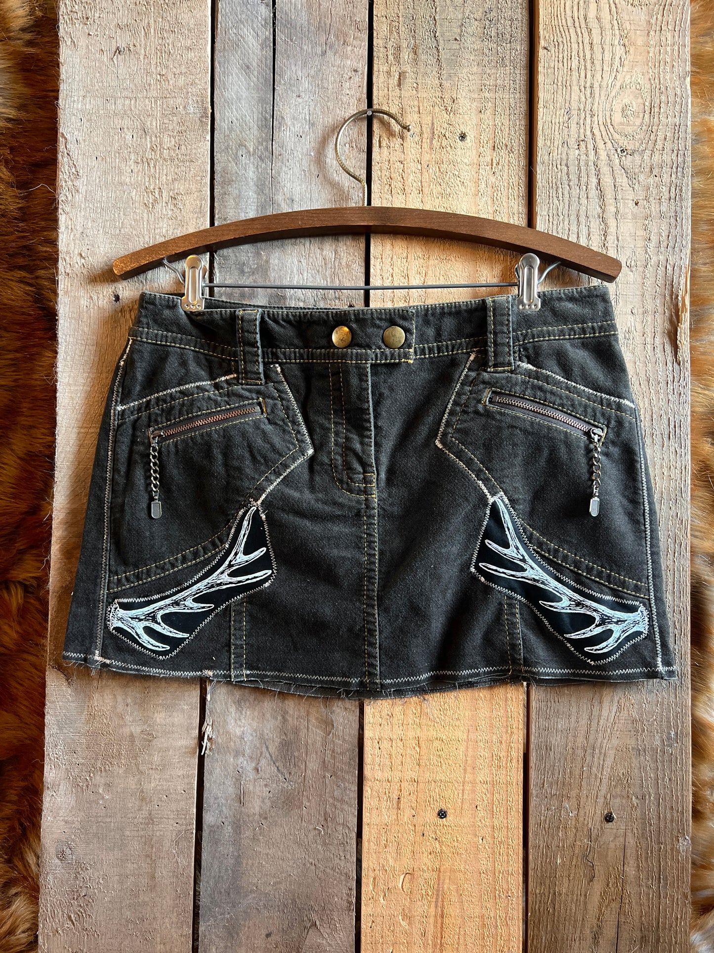 OOAK 32W ELK OLIVE ANTLER RUNIC SKIRT