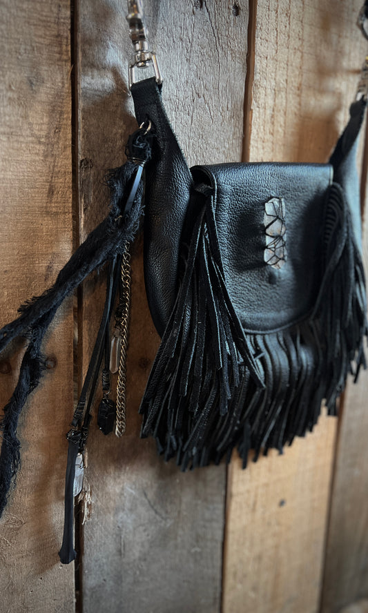 OOAK upcycled leather fringe crossbody bag