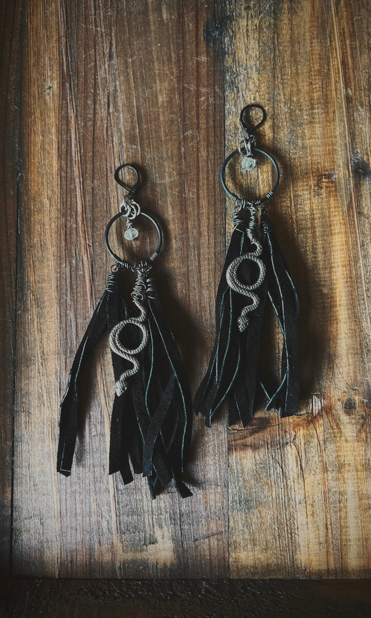 OOAK LEATHER FRINGE SERPENT EARRINGS