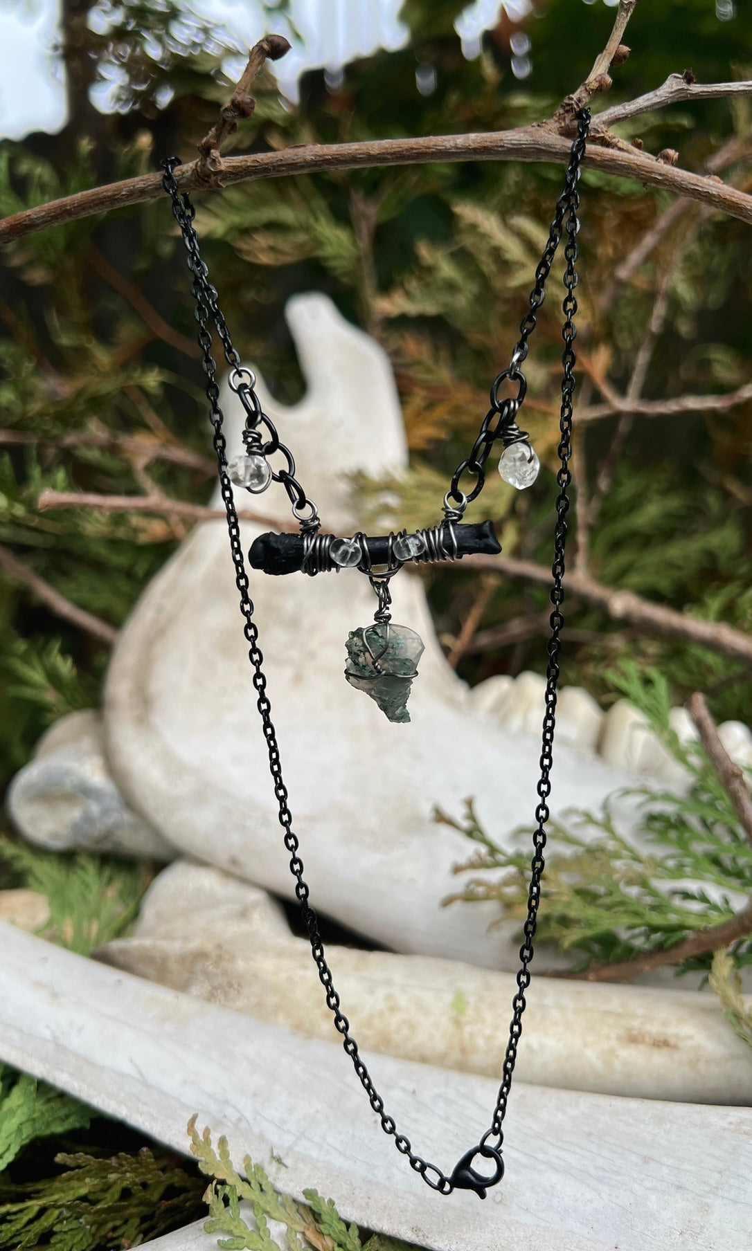 OOAK MOSS AGATE AND QUARTZ BONE NECKLACE