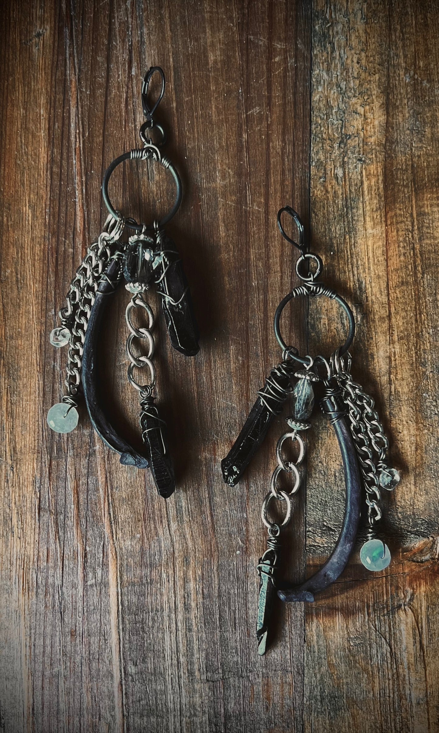 OOAK RIB BLACK QUARTZ + MOONSTONE EARRINGS