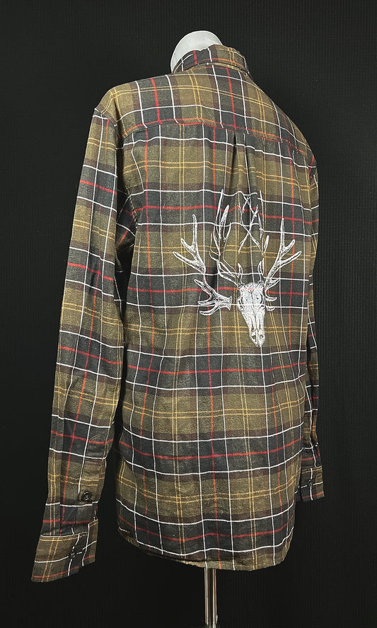 OOAK L UNISEX ELK SKULL OLIVE FLANNEL