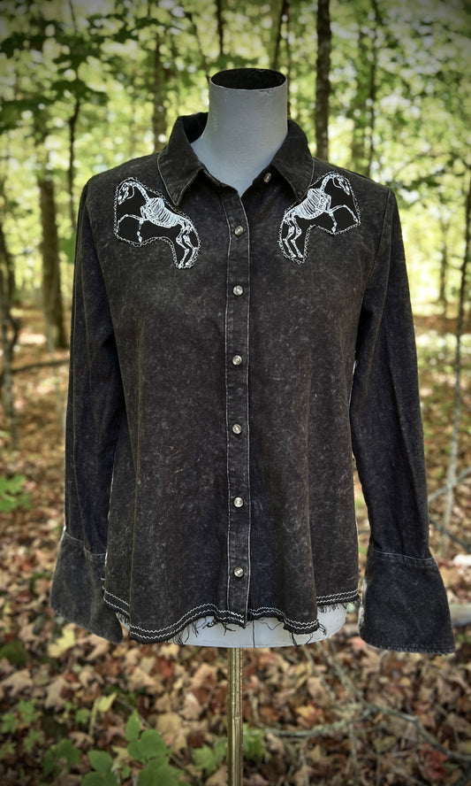 OOAK M HORSE SKELETON MINERAL WASH BUTTON UP