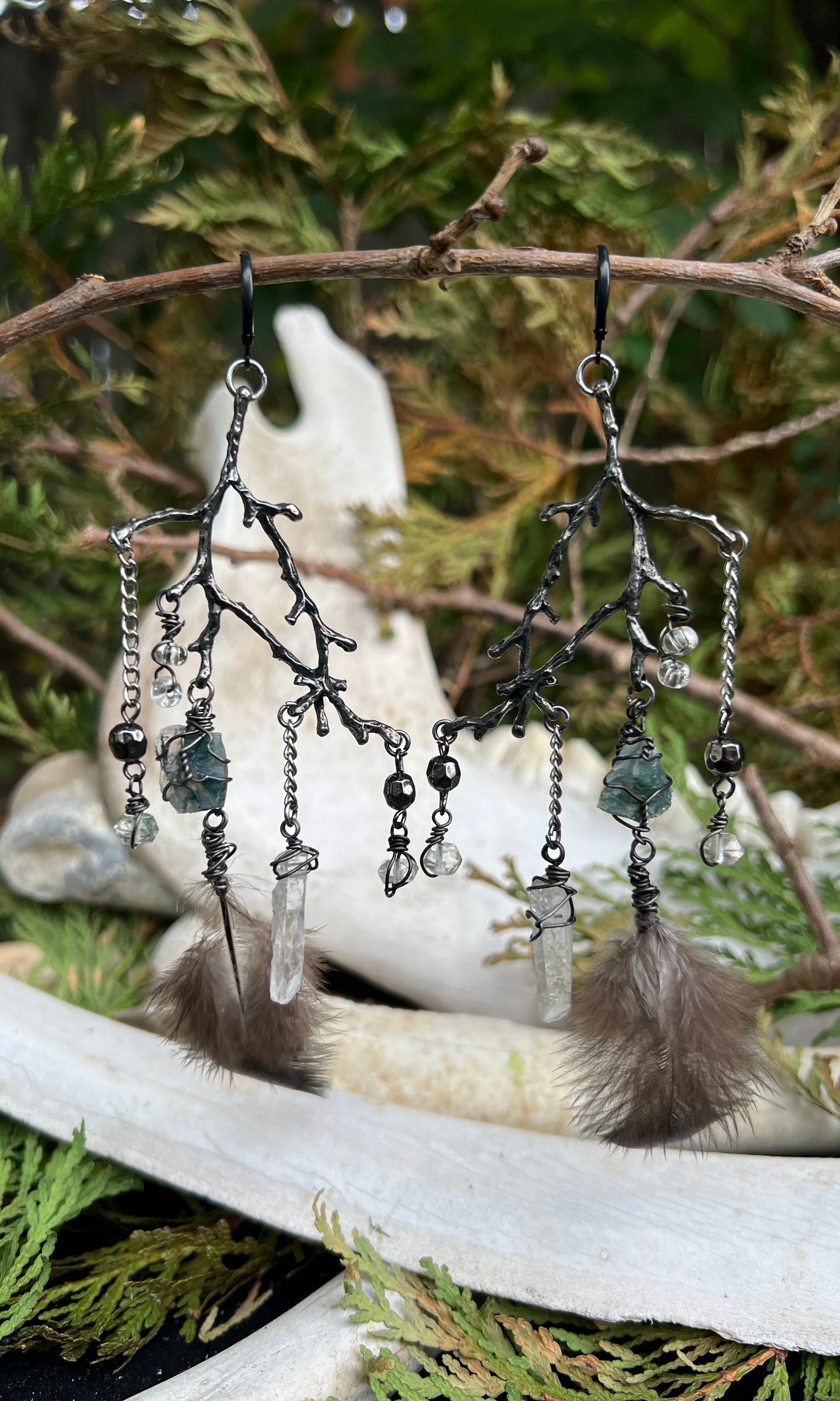 OOAK MOSS AGATE FEATHER BRANCH EARRINGS