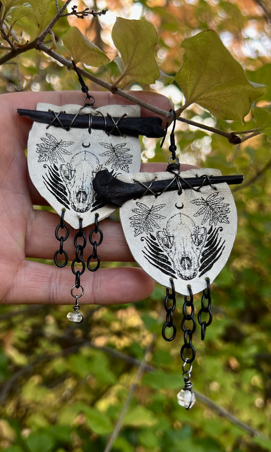 OOAK ETCHED LEATHER BONE AND QUARTZ EARRINGS