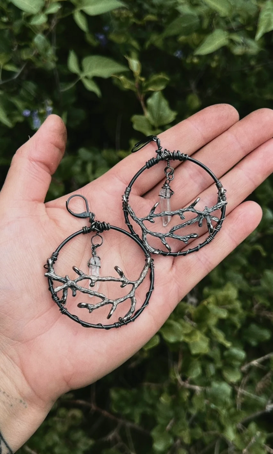 OOAK QUARTZ BRANCH HOOP EARRINGS