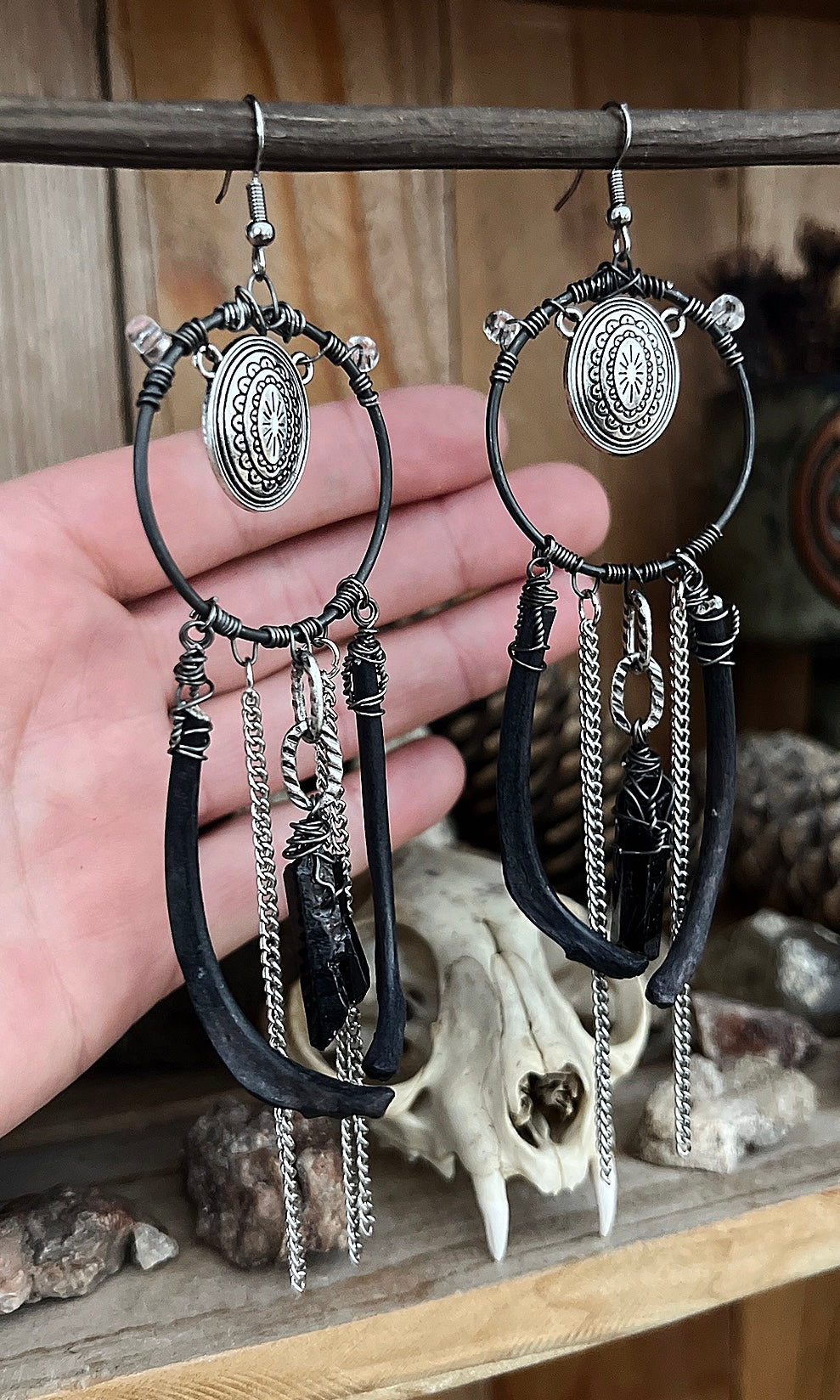OOAK BLACK RIBCAGE CONCHO EARRINGS