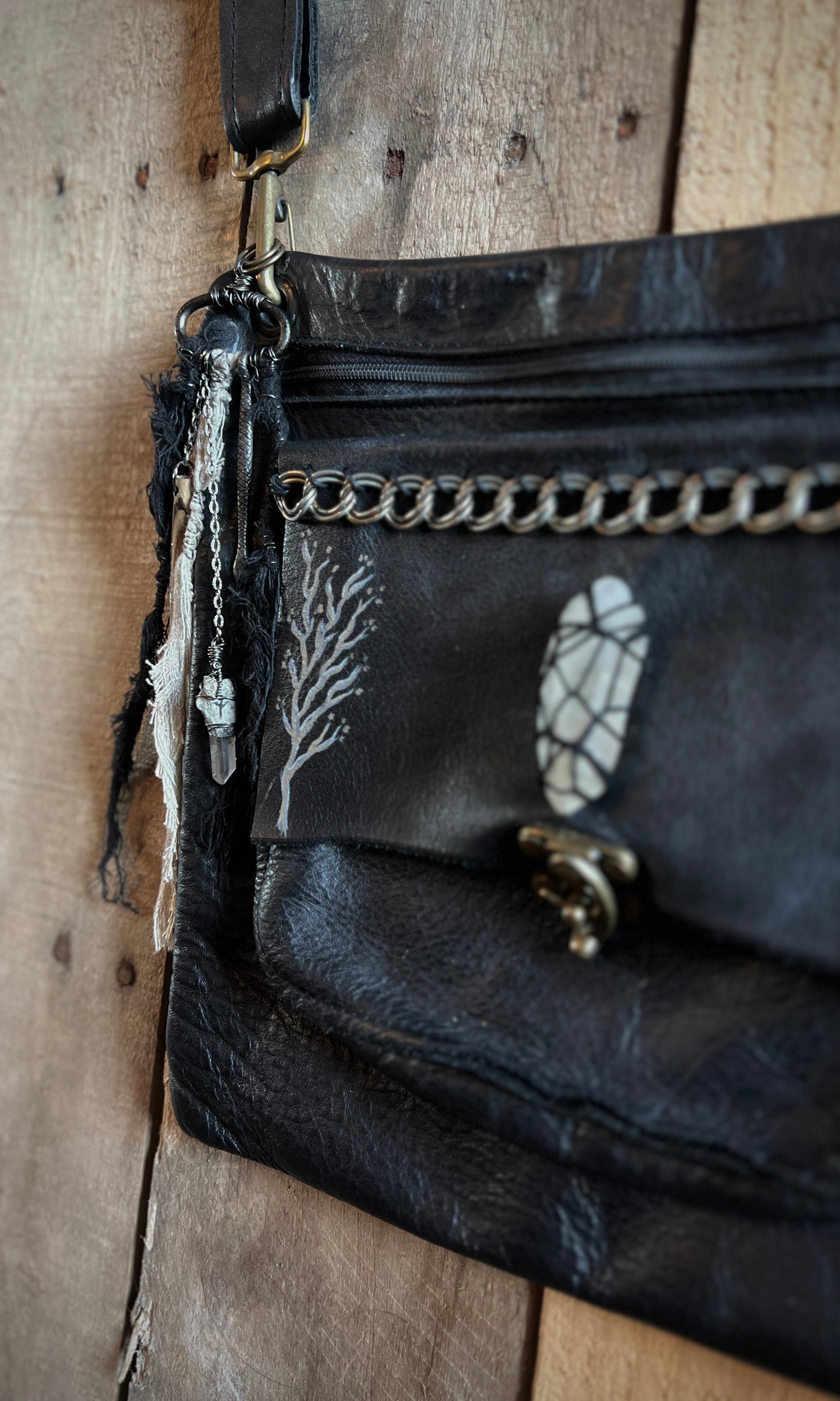 OOAK upcycled leather hand painted branch crossbody bag