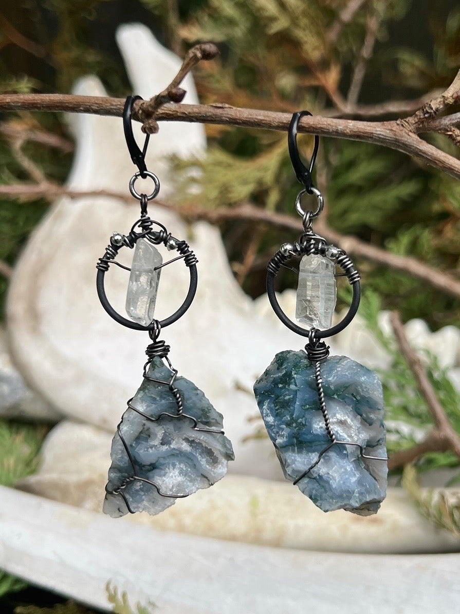 OOAK MOSS AGATE AND QUARTZ EARRINGS