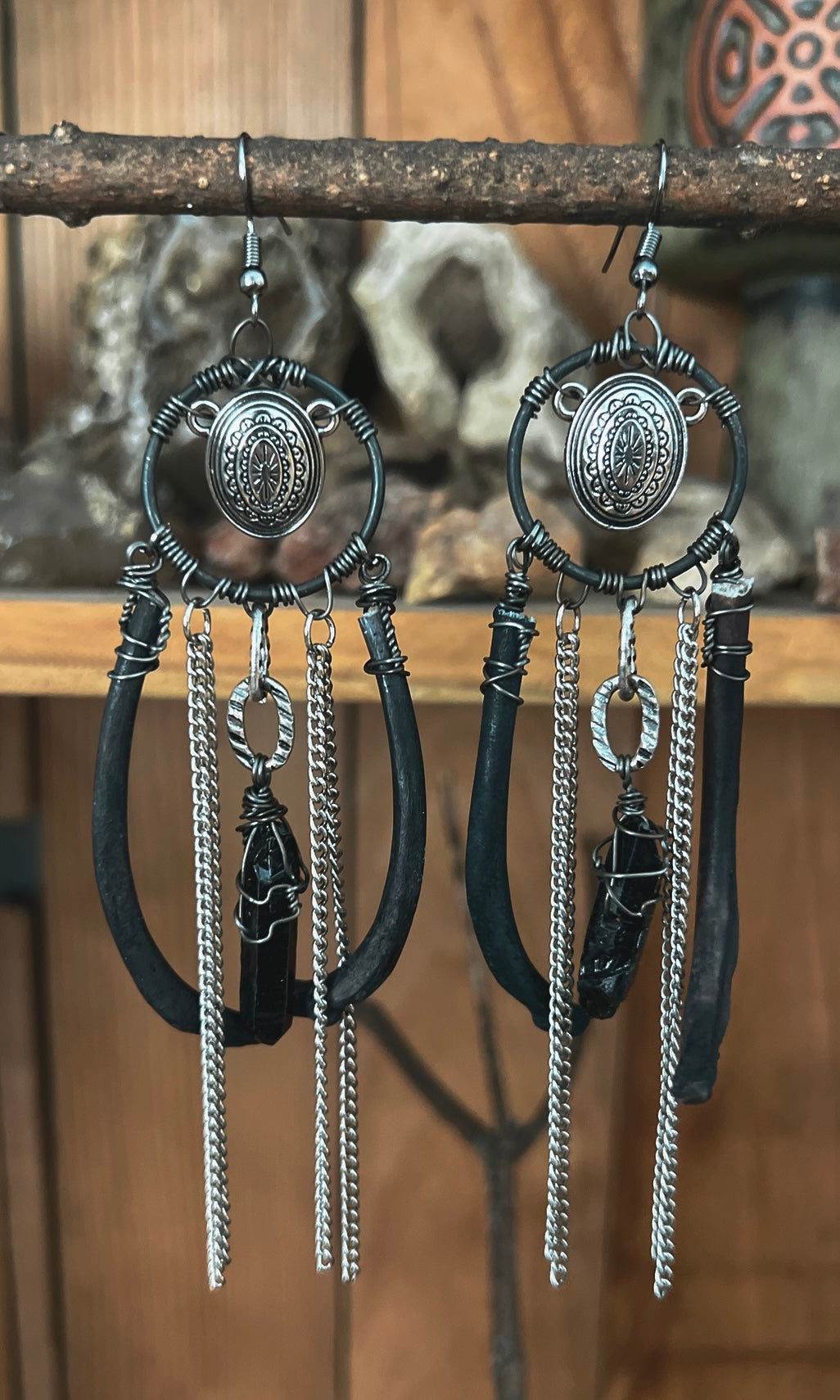 OOAK BLACK QUARTZ RIBCAGE CONCHO EAR HANGERS