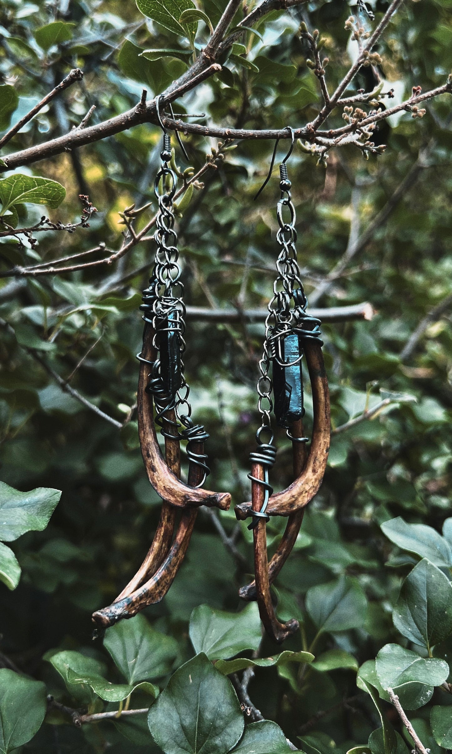 OOAK TEA DYED DOUBLE RIB BONE & BLACK QUARTZ EARRINGS