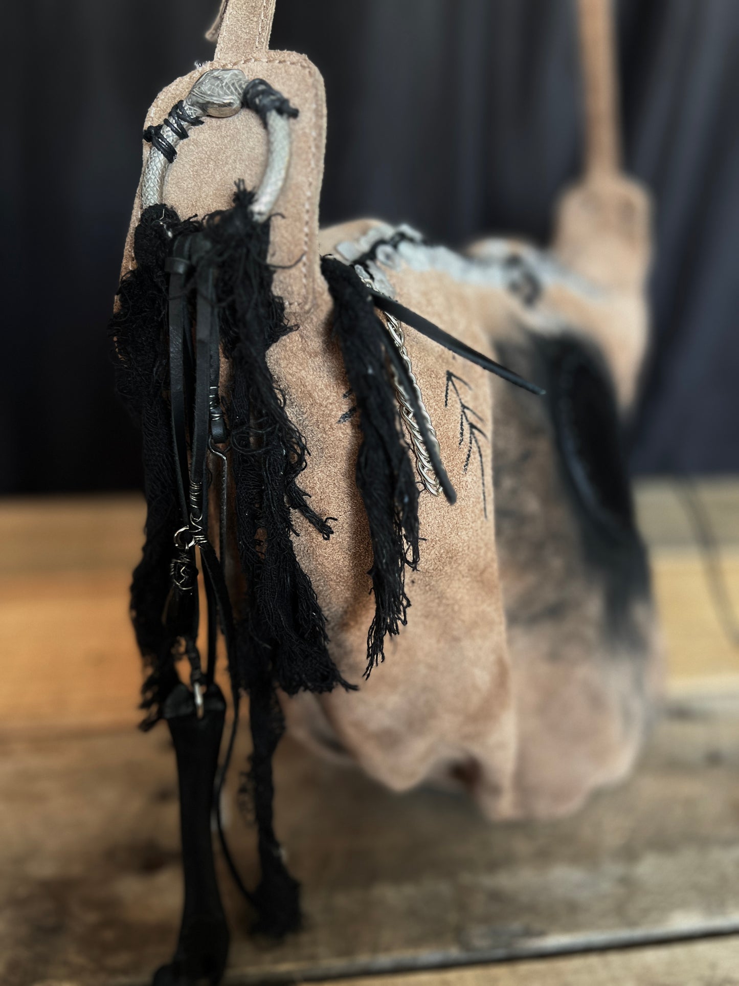 OOAK upcycled suede hand painted ouroboros crossbody bag