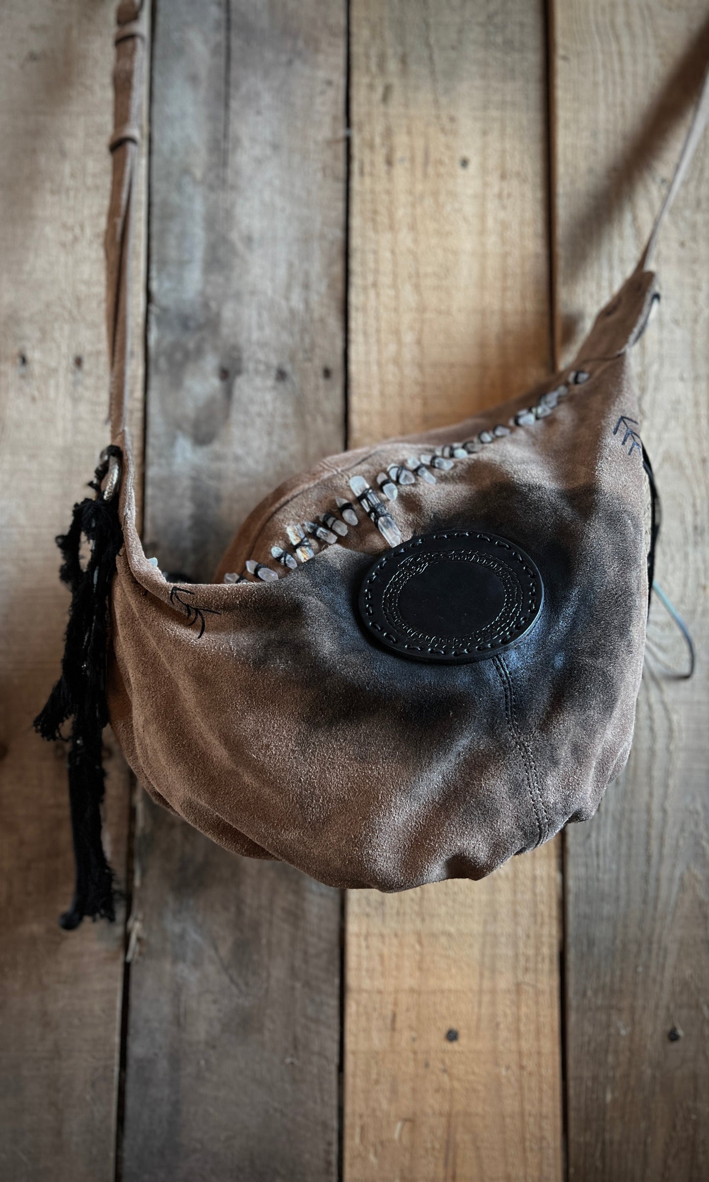 OOAK upcycled suede hand painted ouroboros crossbody bag