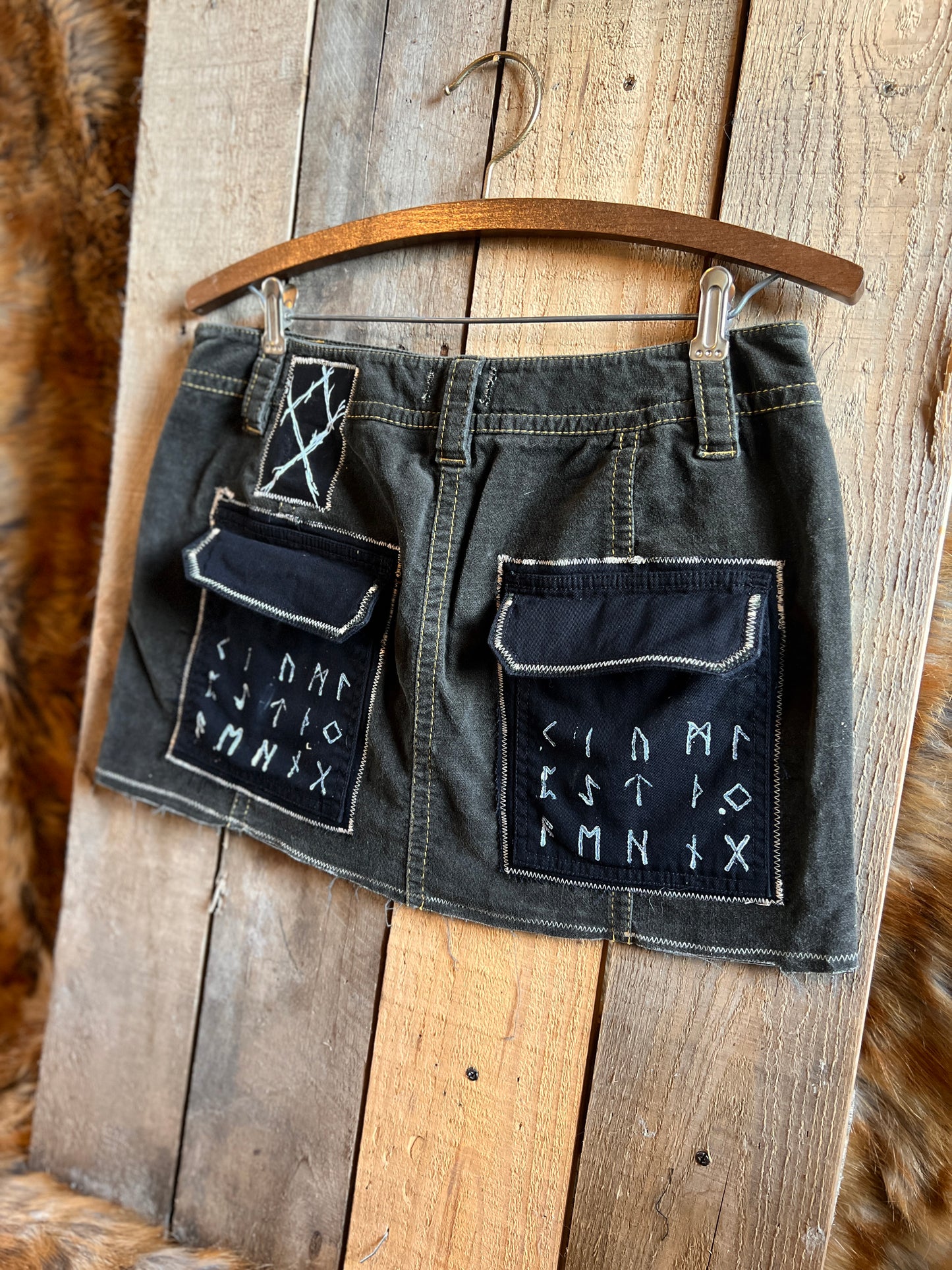 OOAK 32W ELK OLIVE ANTLER RUNIC SKIRT