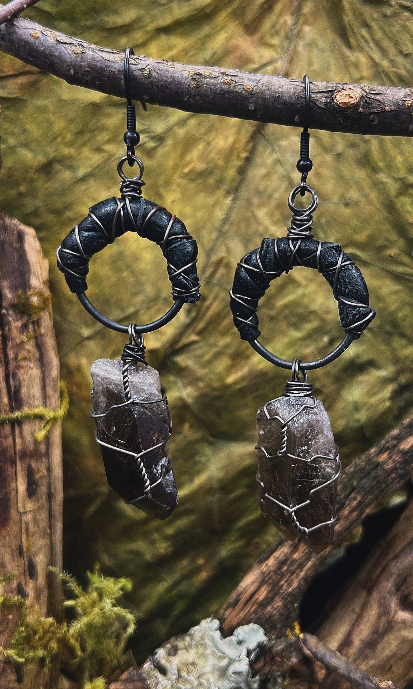 OOAK LEATHER SMOKY QUARTZ EARRINGS