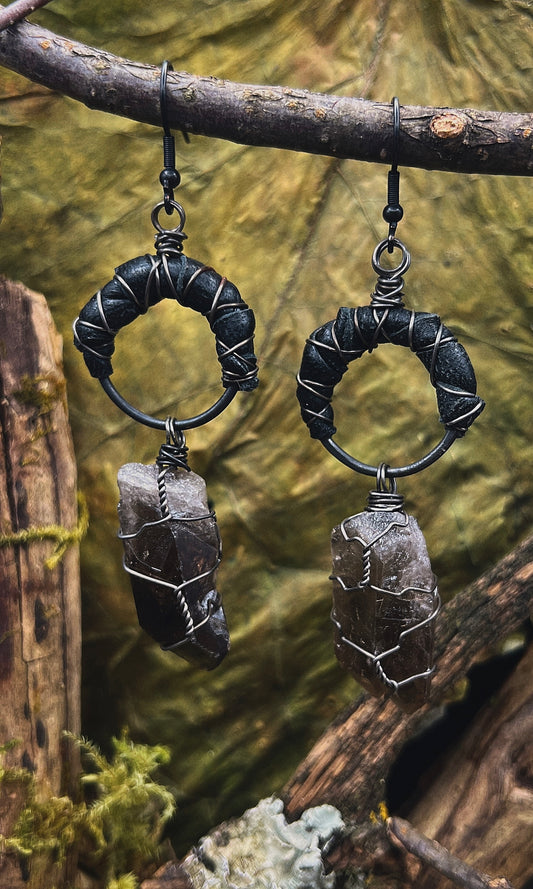 OOAK LEATHER SMOKY QUARTZ EARRINGS
