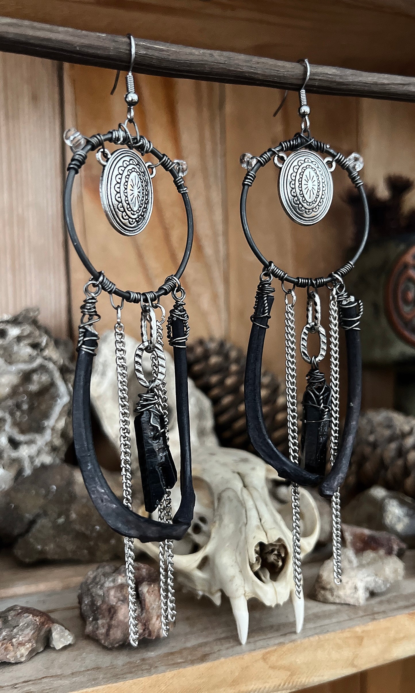 OOAK BLACK RIBCAGE CONCHO EARRINGS