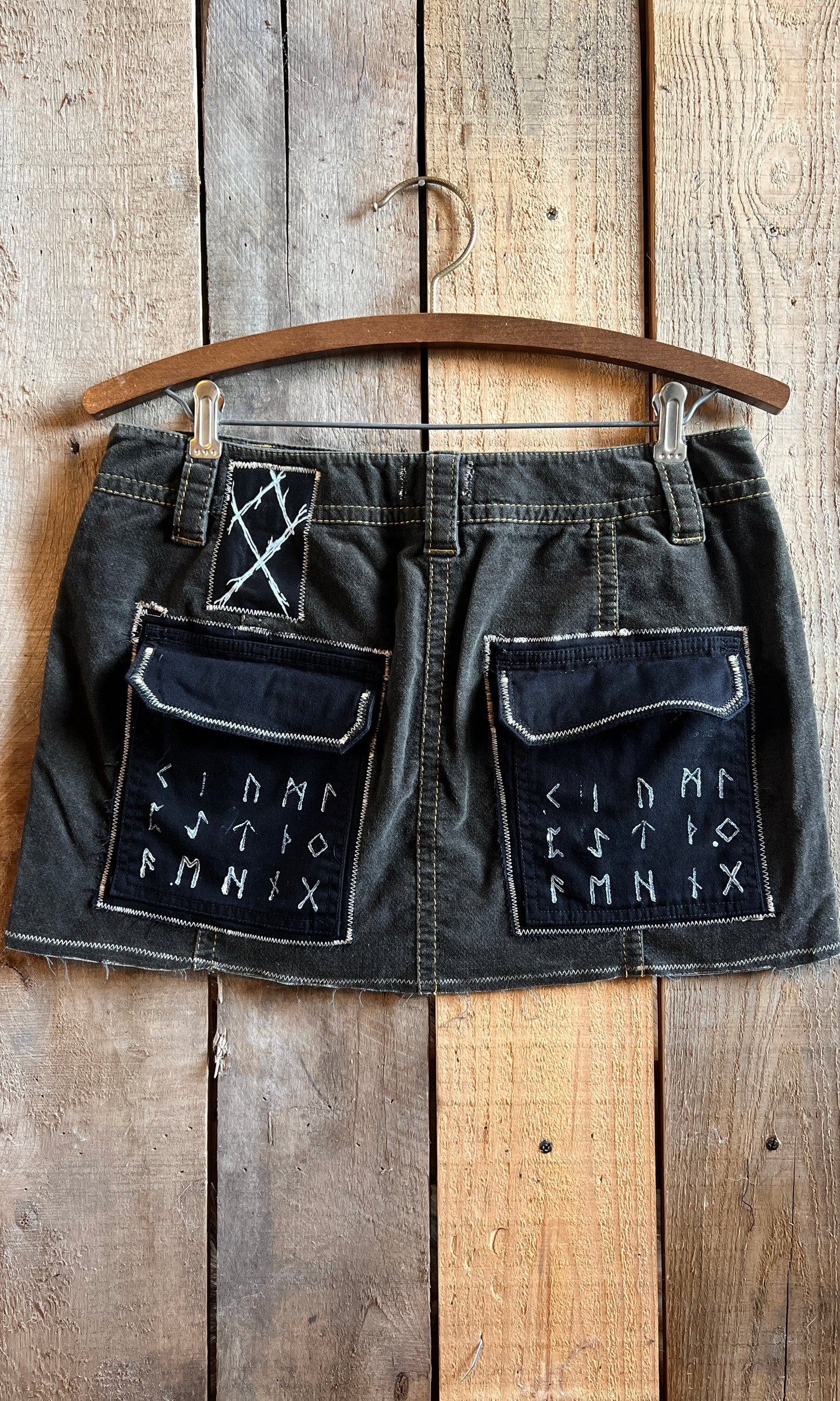 OOAK 32W ELK OLIVE ANTLER RUNIC SKIRT