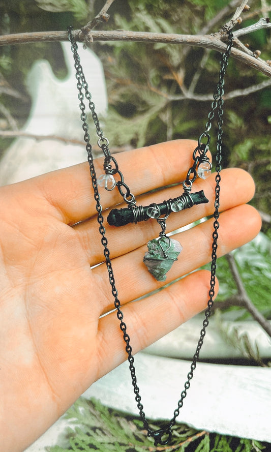 OOAK MOSS AGATE AND QUARTZ BONE NECKLACE