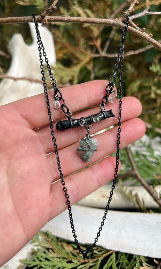 OOAK MOSS AGATE AND QUARTZ BONE NECKLACE