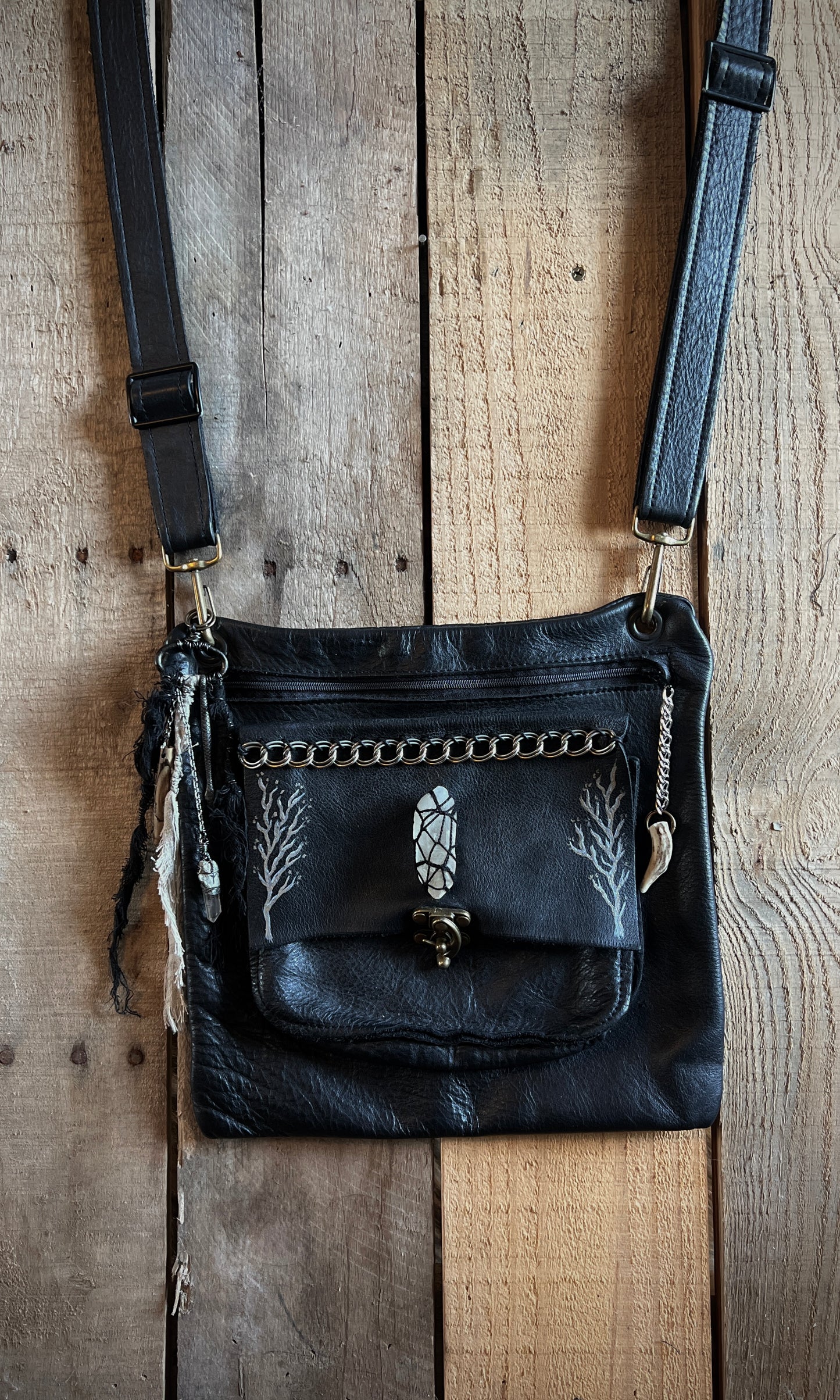 OOAK upcycled leather hand painted branch crossbody bag