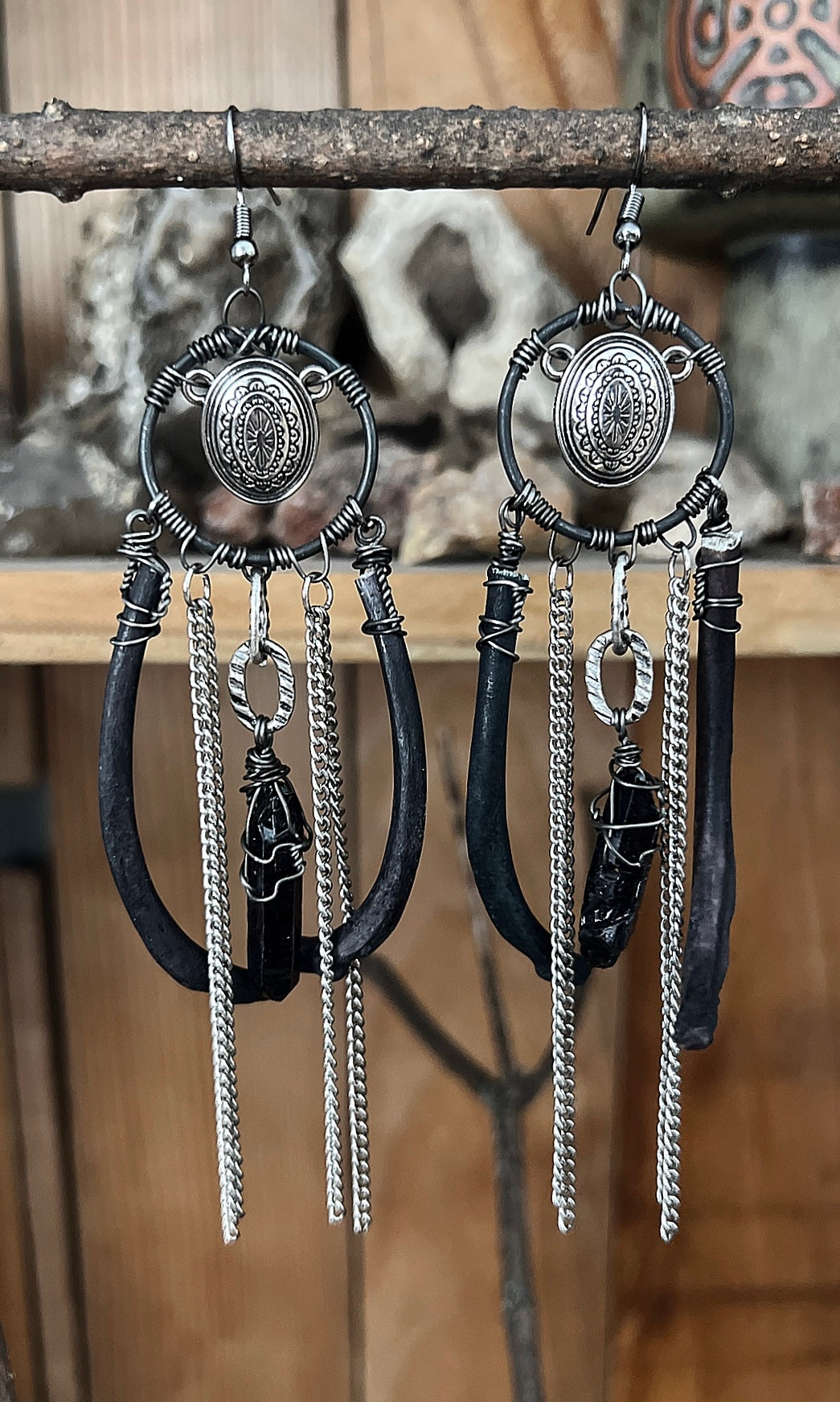 OOAK BLACK QUARTZ RIBCAGE CONCHO EAR HANGERS