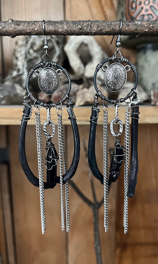 OOAK BLACK QUARTZ RIBCAGE CONCHO EAR HANGERS