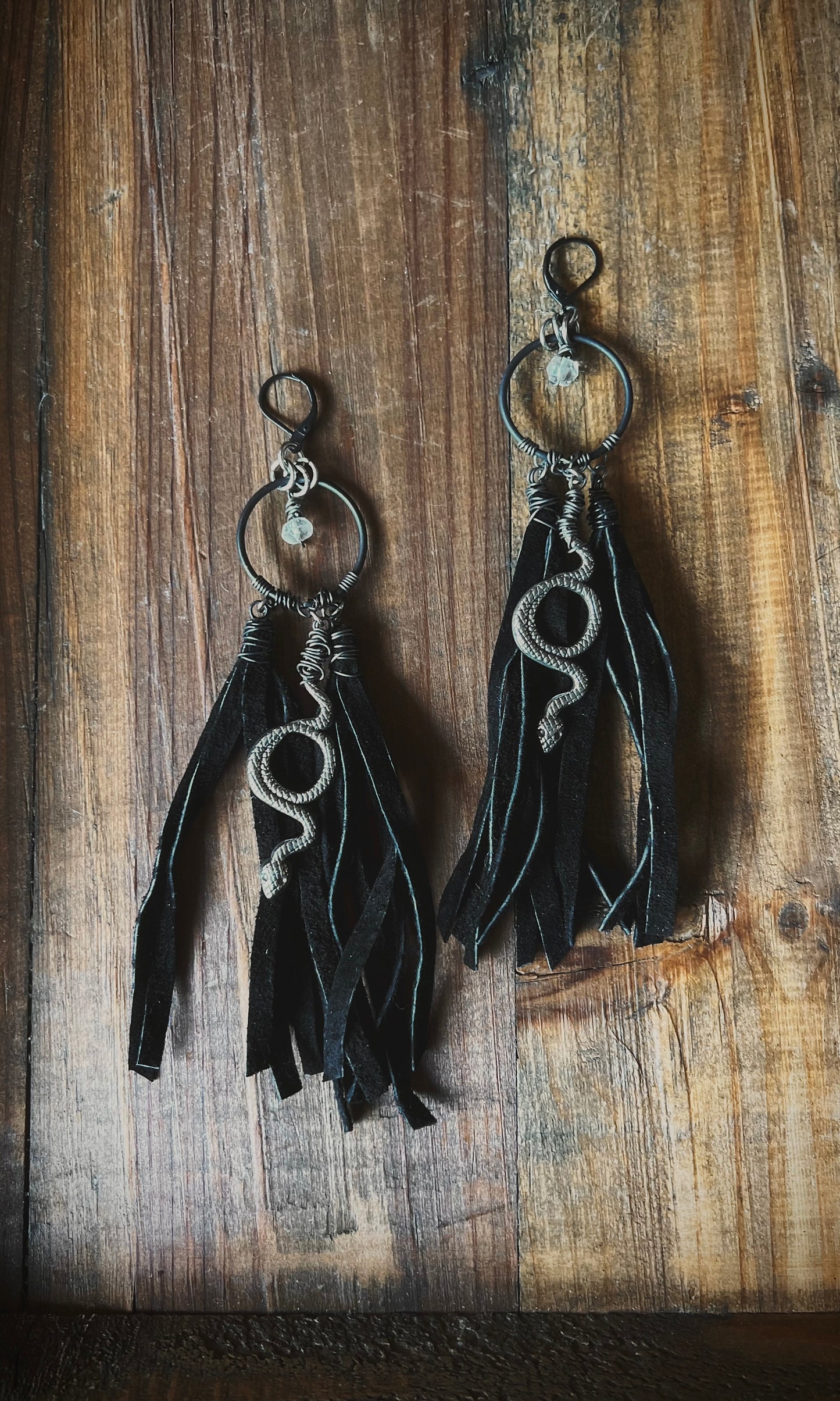 OOAK LEATHER FRINGE SERPENT EARRINGS