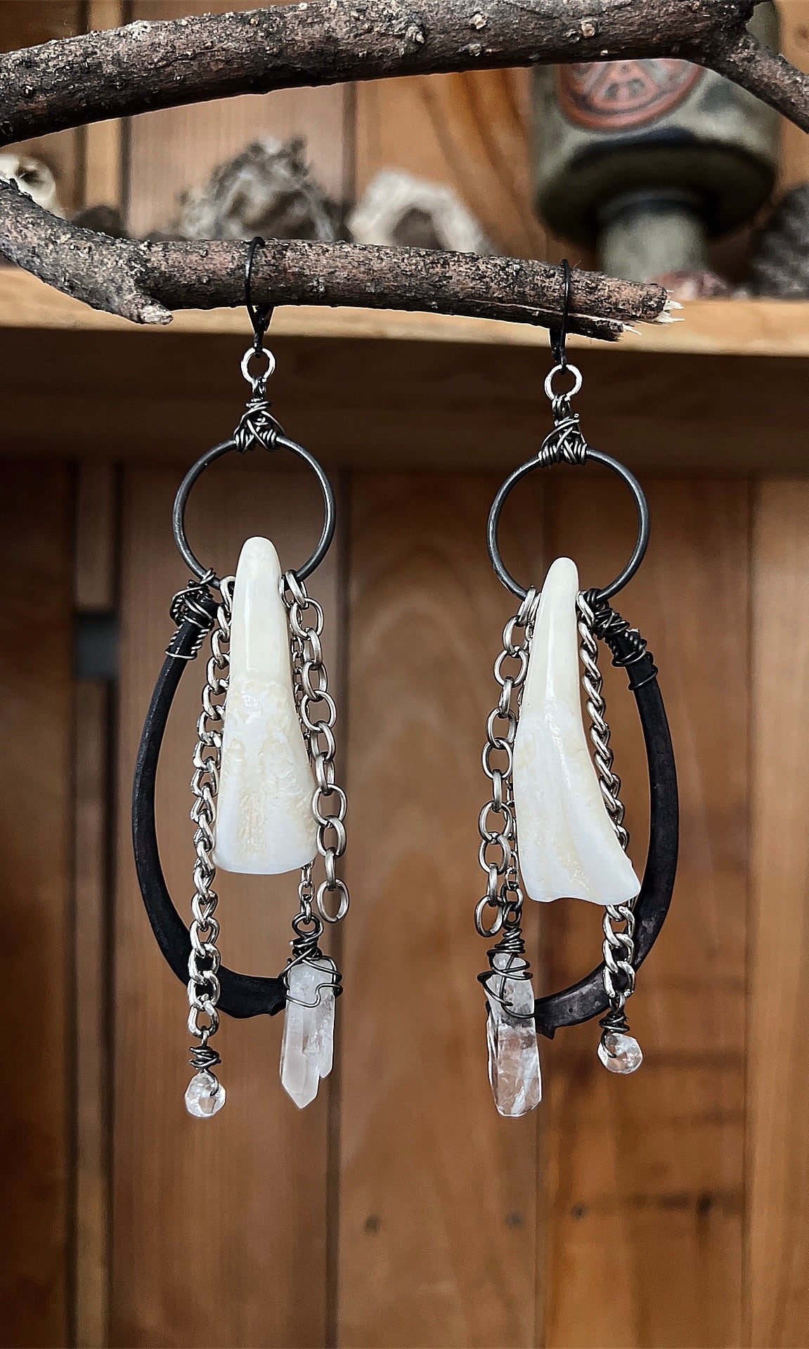OOAK BUFFALO TEETH QUARTZ EARRINGS