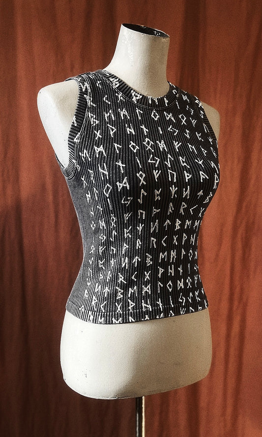 OOAK S STRETCHY RUNIC PRINT TANK IN STONE
