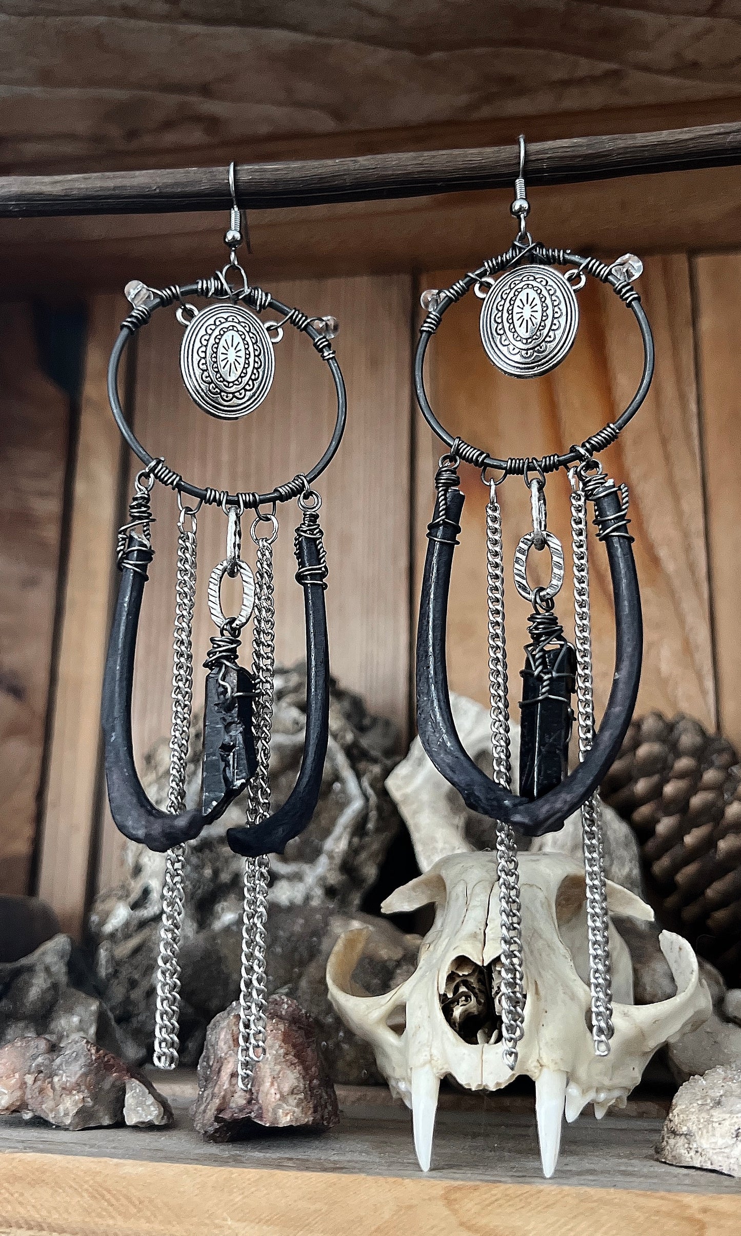 OOAK BLACK RIBCAGE CONCHO EARRINGS