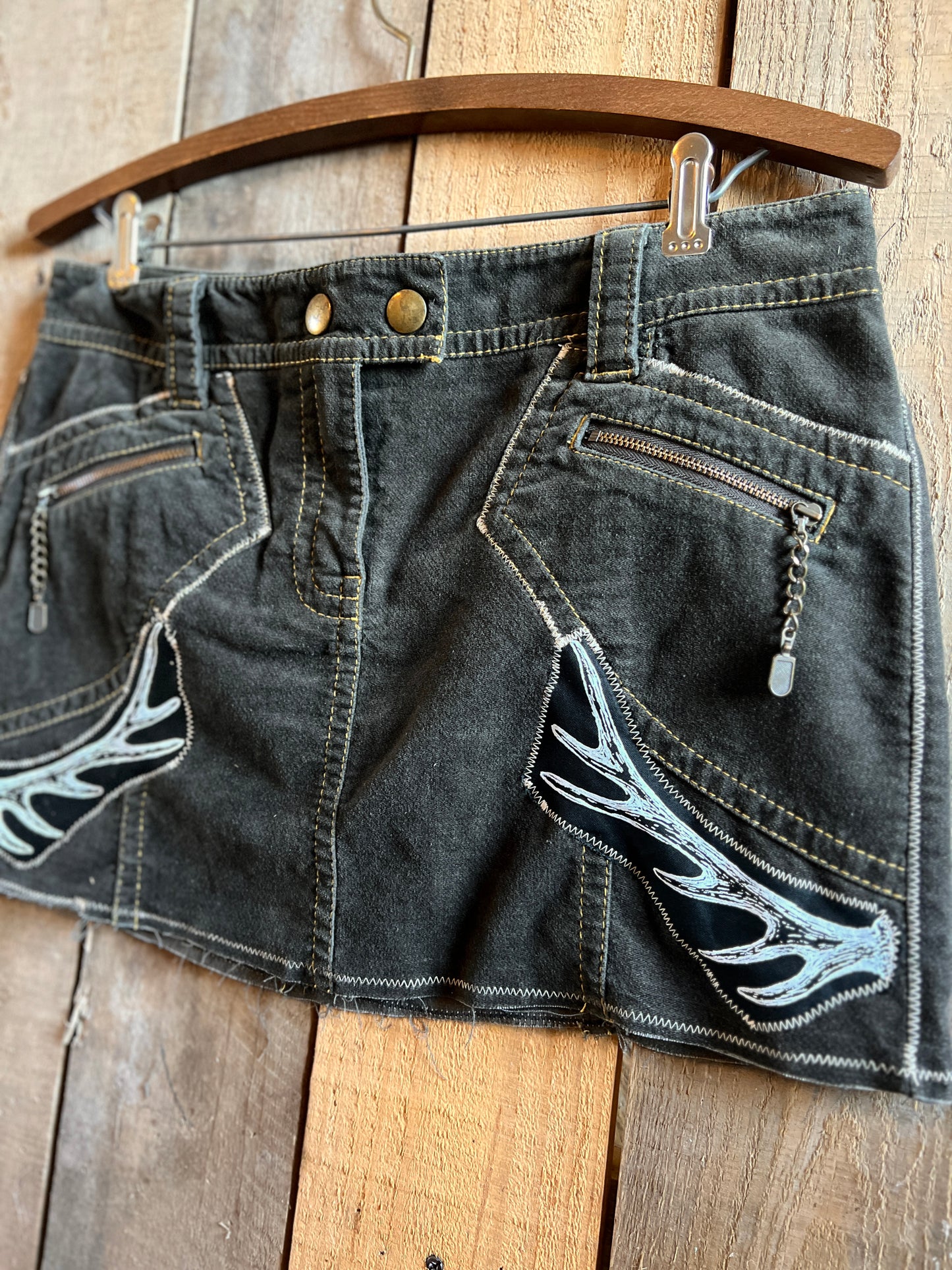 OOAK 32W ELK OLIVE ANTLER RUNIC SKIRT