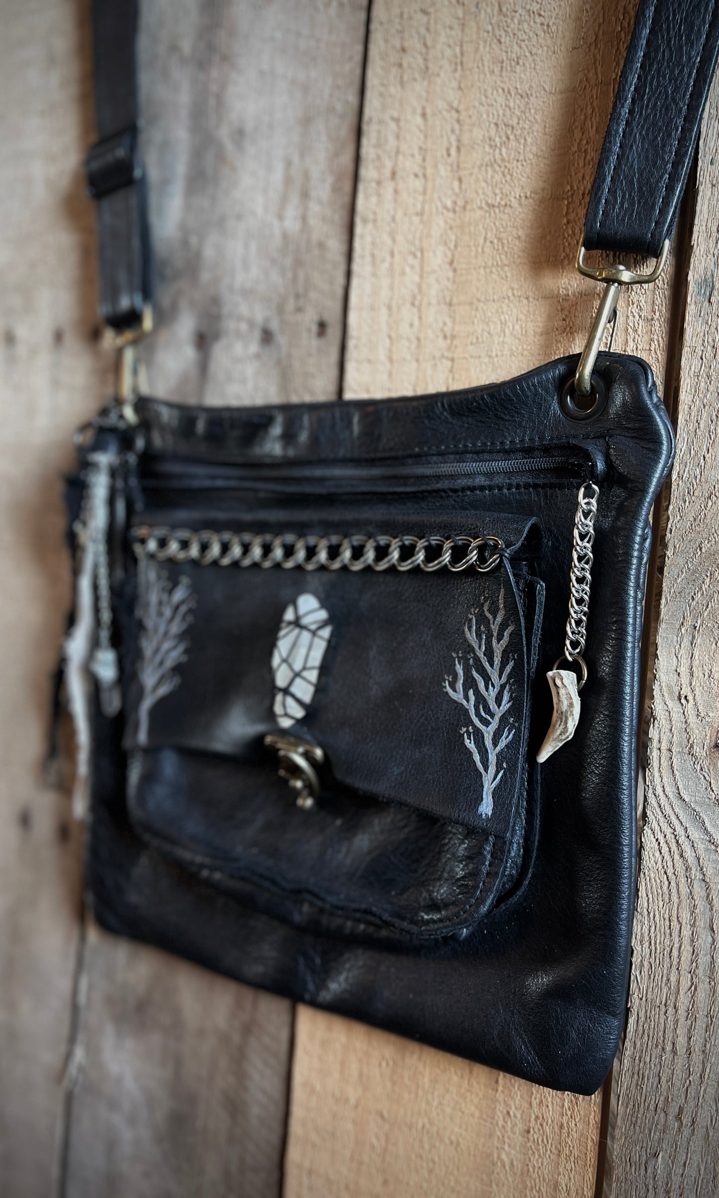 OOAK upcycled leather hand painted branch crossbody bag