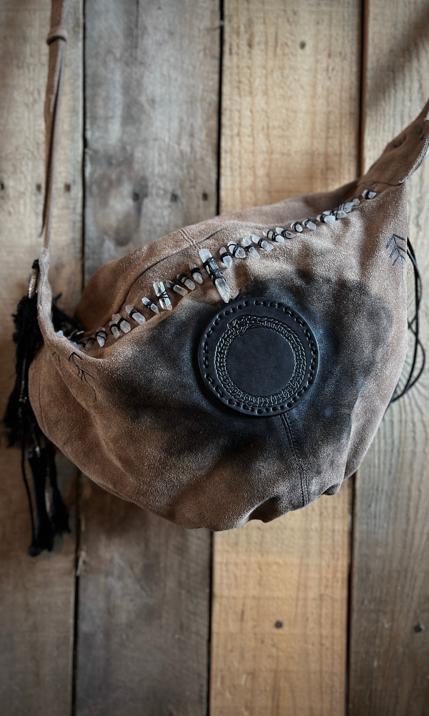 OOAK upcycled suede hand painted ouroboros crossbody bag