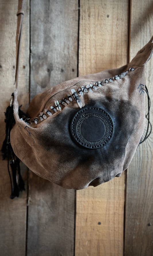 OOAK upcycled suede hand painted ouroboros crossbody bag