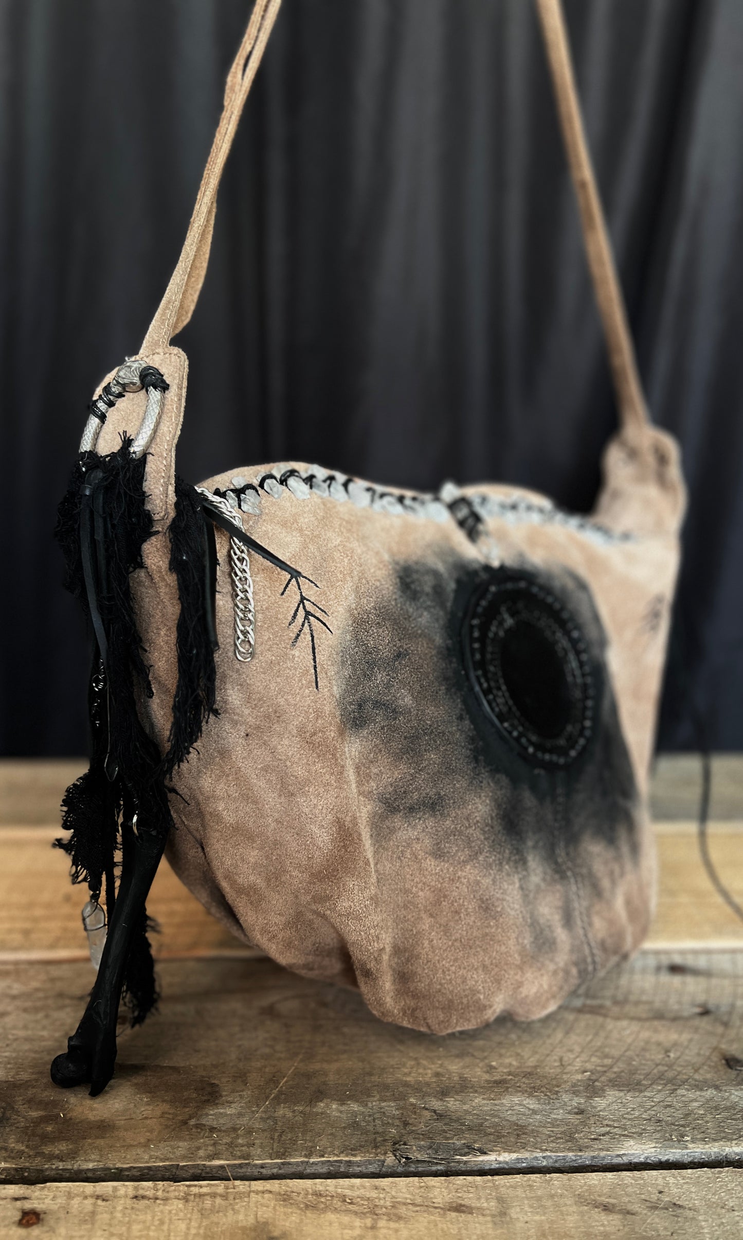 OOAK upcycled suede hand painted ouroboros crossbody bag