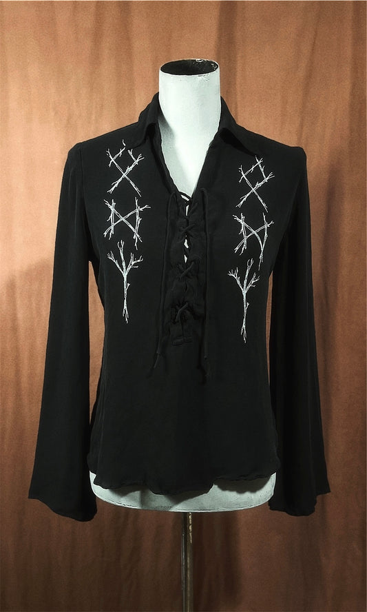 OOAK XS SILKY CORVID RUNIC LACEUP LONGSLEEVE