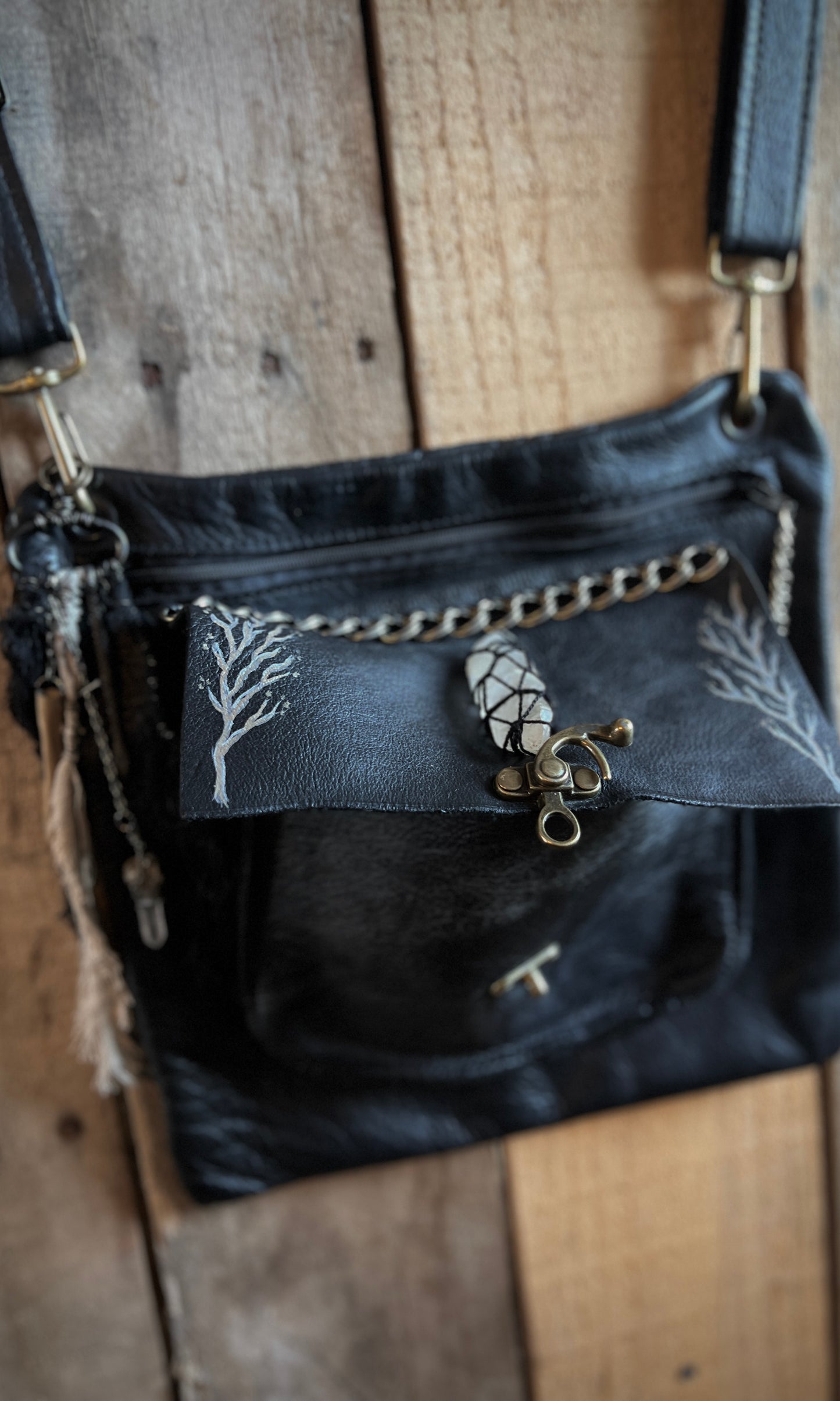 OOAK upcycled leather hand painted branch crossbody bag