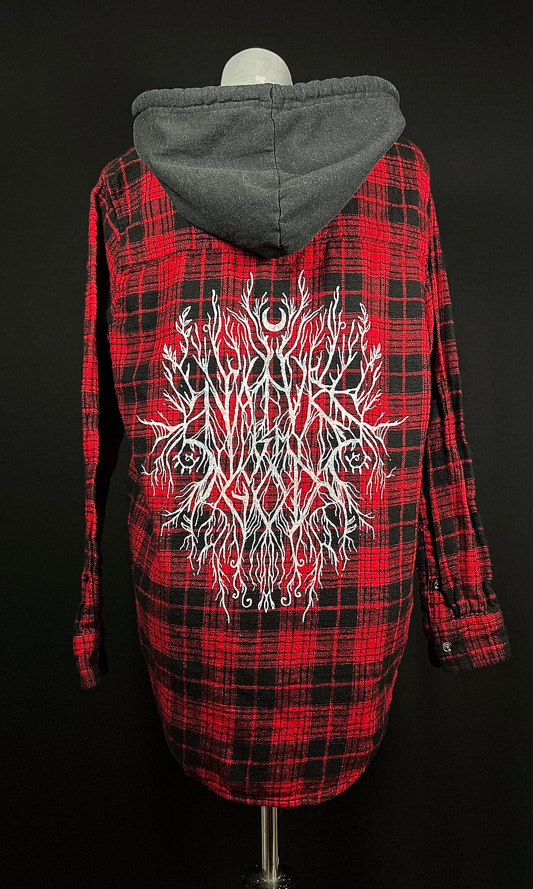 OOAK L UNISEX HOODED RED NATURE IS MY GOD FLANNEL