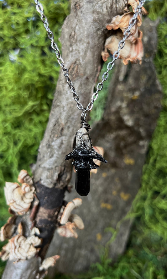 OOAK BLACK QUARTZ + TOURMALINE CARP VERTEBRAE NECKLACE