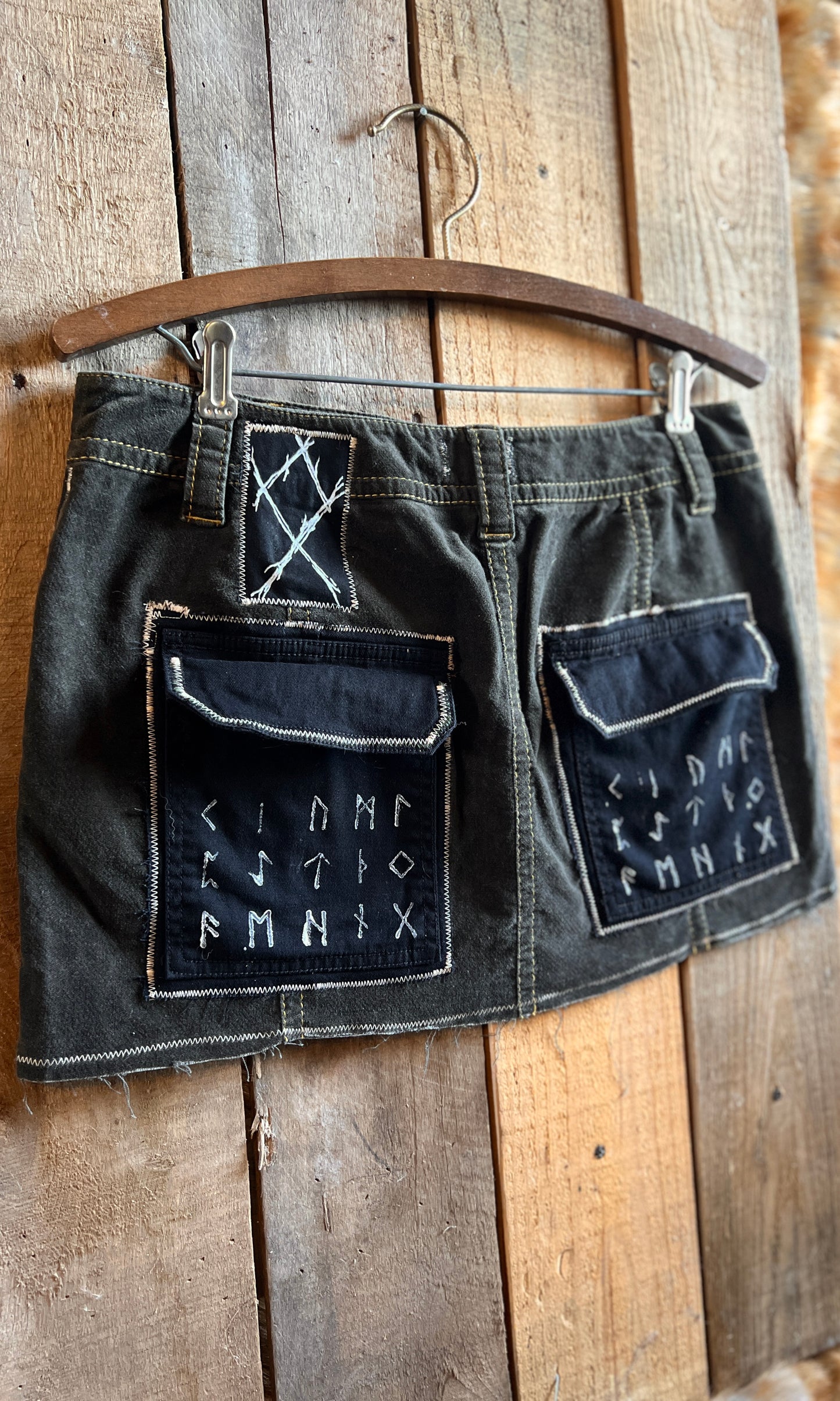 OOAK 32W ELK OLIVE ANTLER RUNIC SKIRT