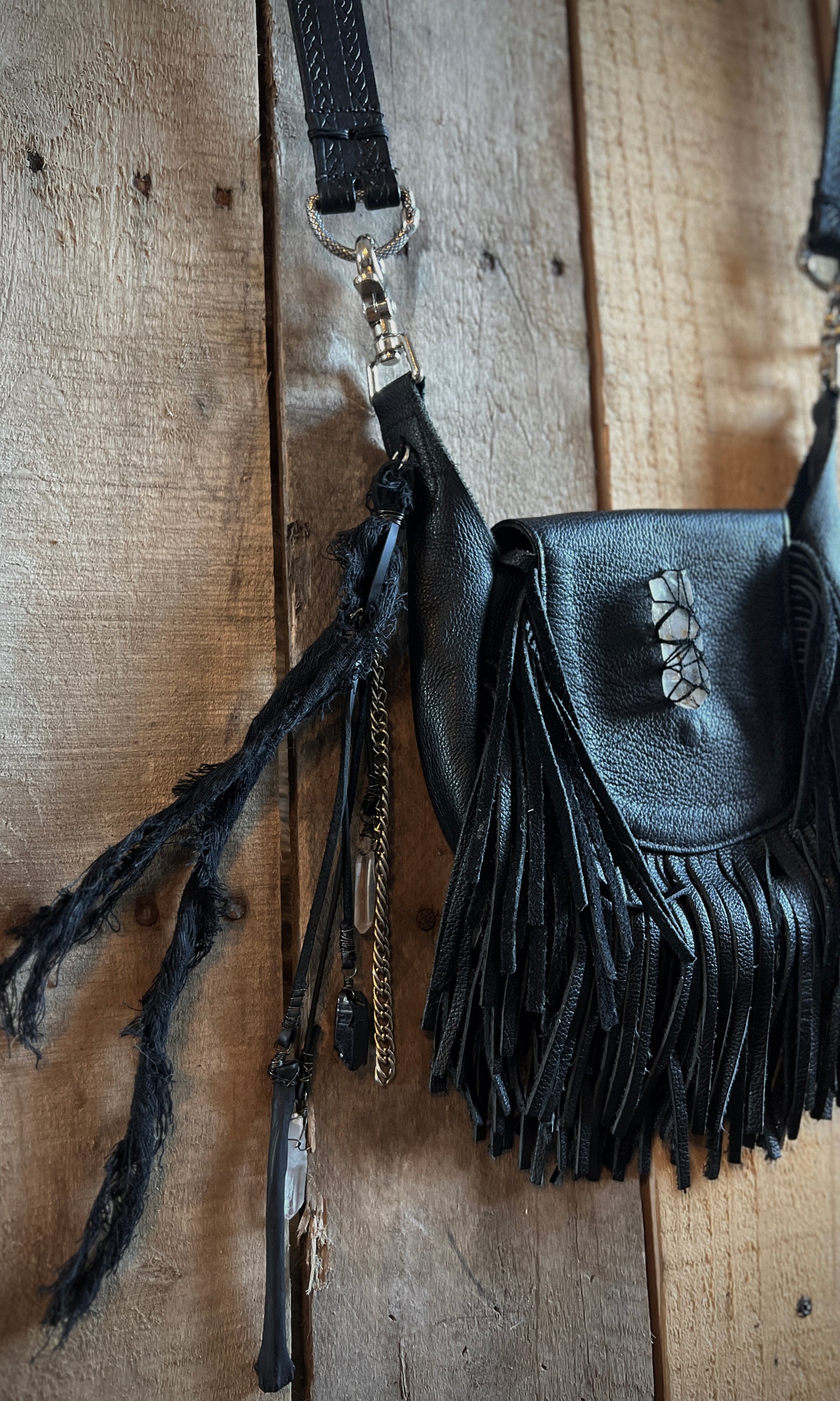 OOAK upcycled leather fringe crossbody bag