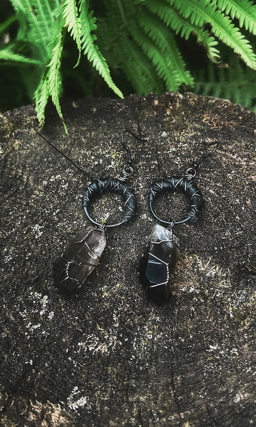 OOAK LEATHER SMOKY QUARTZ EARRINGS