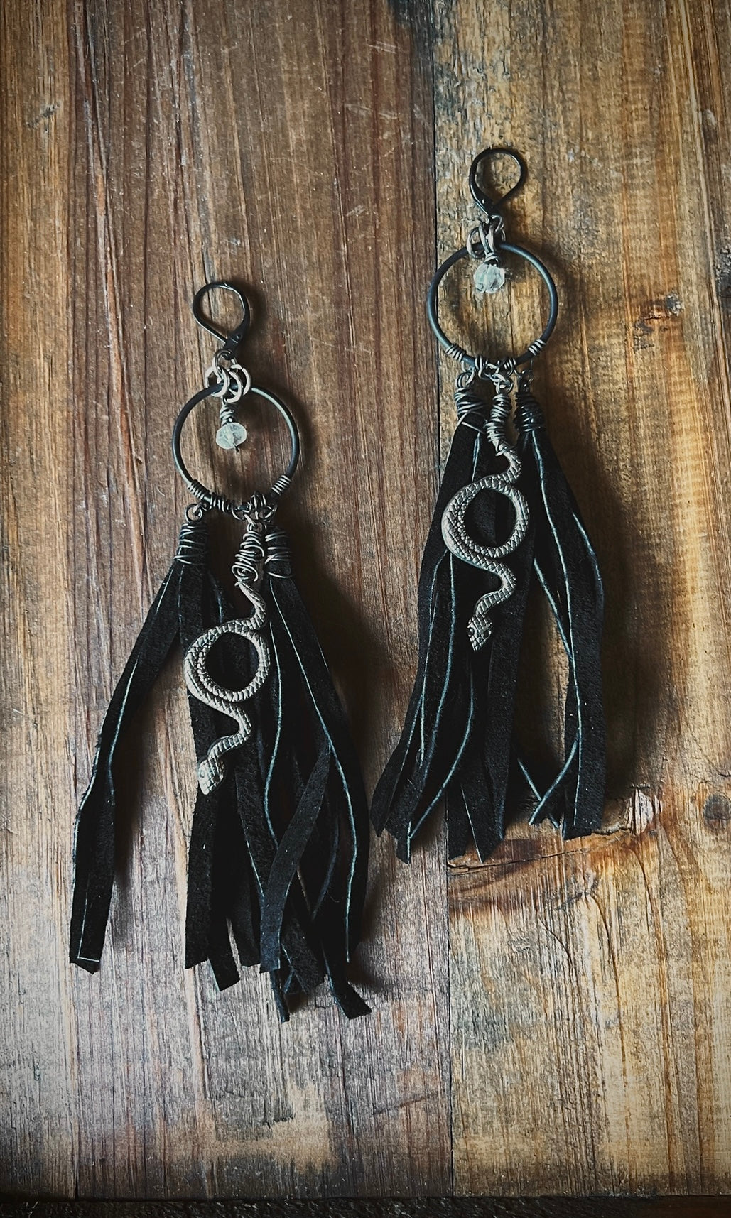 OOAK LEATHER FRINGE SERPENT EARRINGS