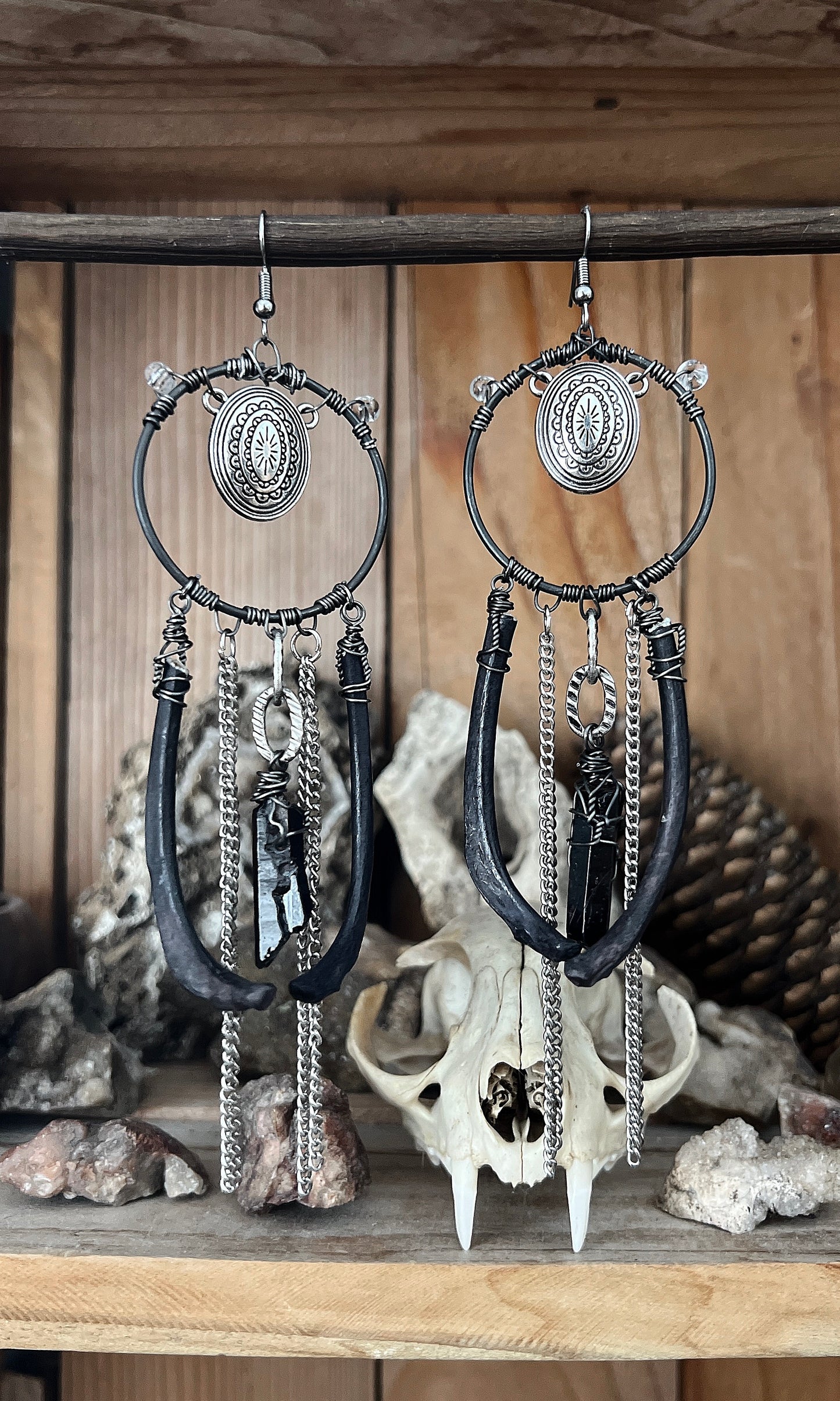 OOAK BLACK RIBCAGE CONCHO EARRINGS