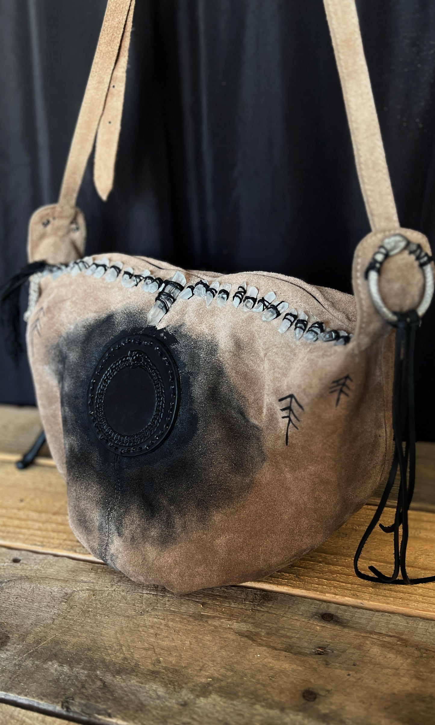 OOAK upcycled suede hand painted ouroboros crossbody bag